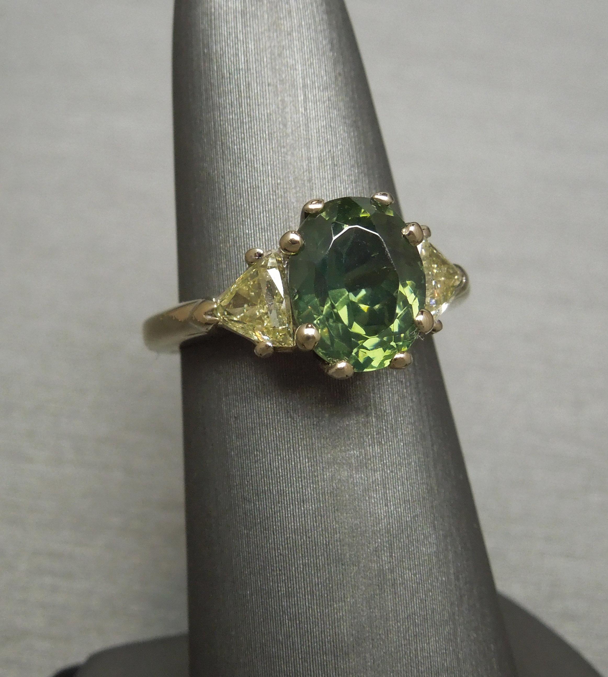 4.61 Carat Oval Green GIA Zircon and Trillion Cut Diamond Three-Stone ...