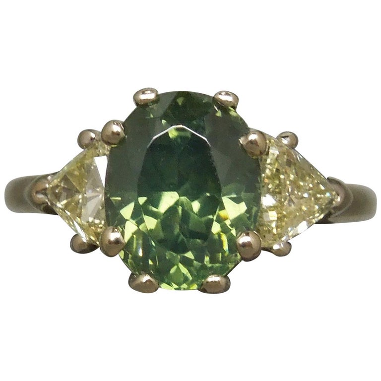 Bague En Or Blanc 14 Carats Avec 3 CZ Tsavorite Verte - Taille 6 - Occasion Vintage