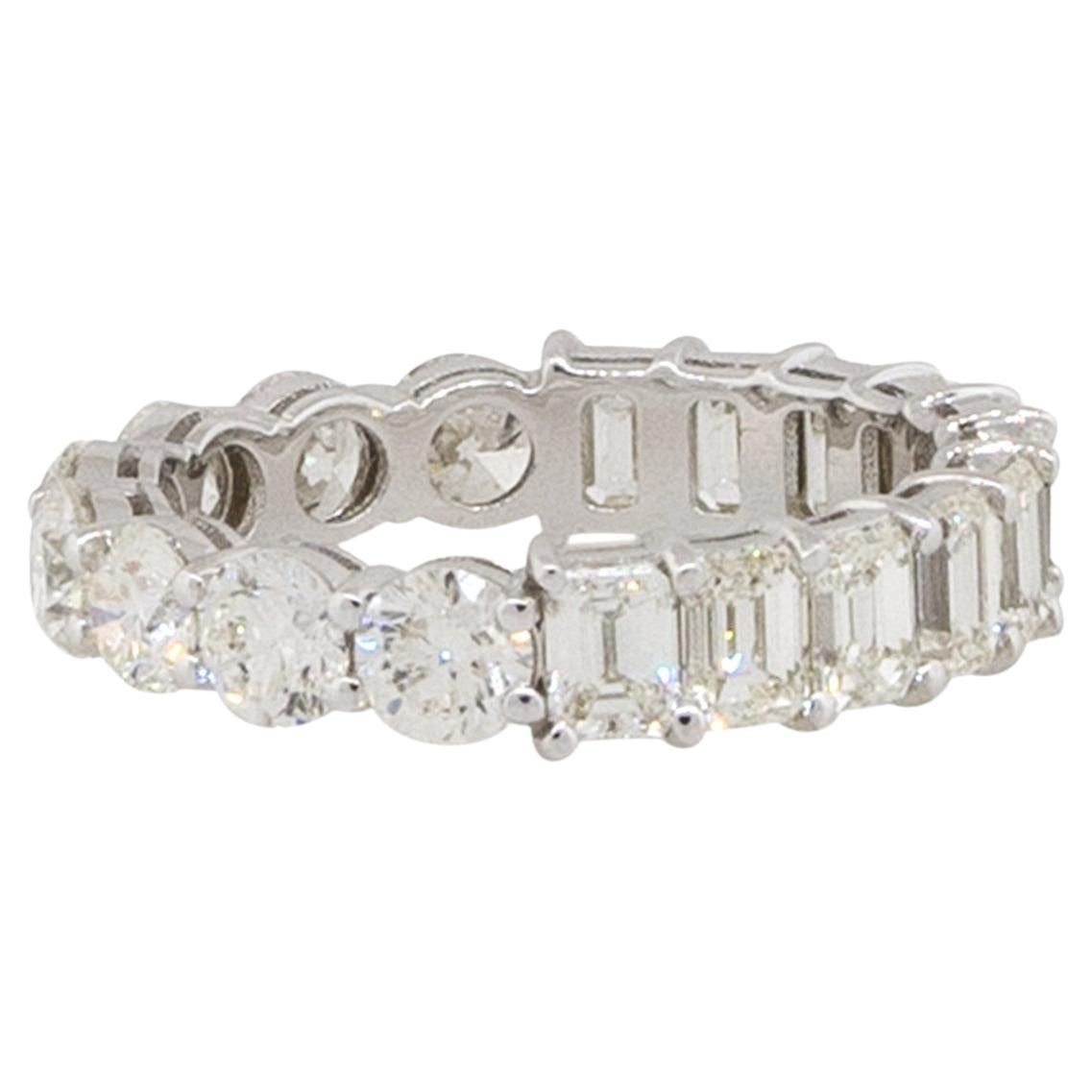 4.61 Carat Round and Emerald Cut Diamond Eternity Band Ring 14 Karat In Stock For Sale
