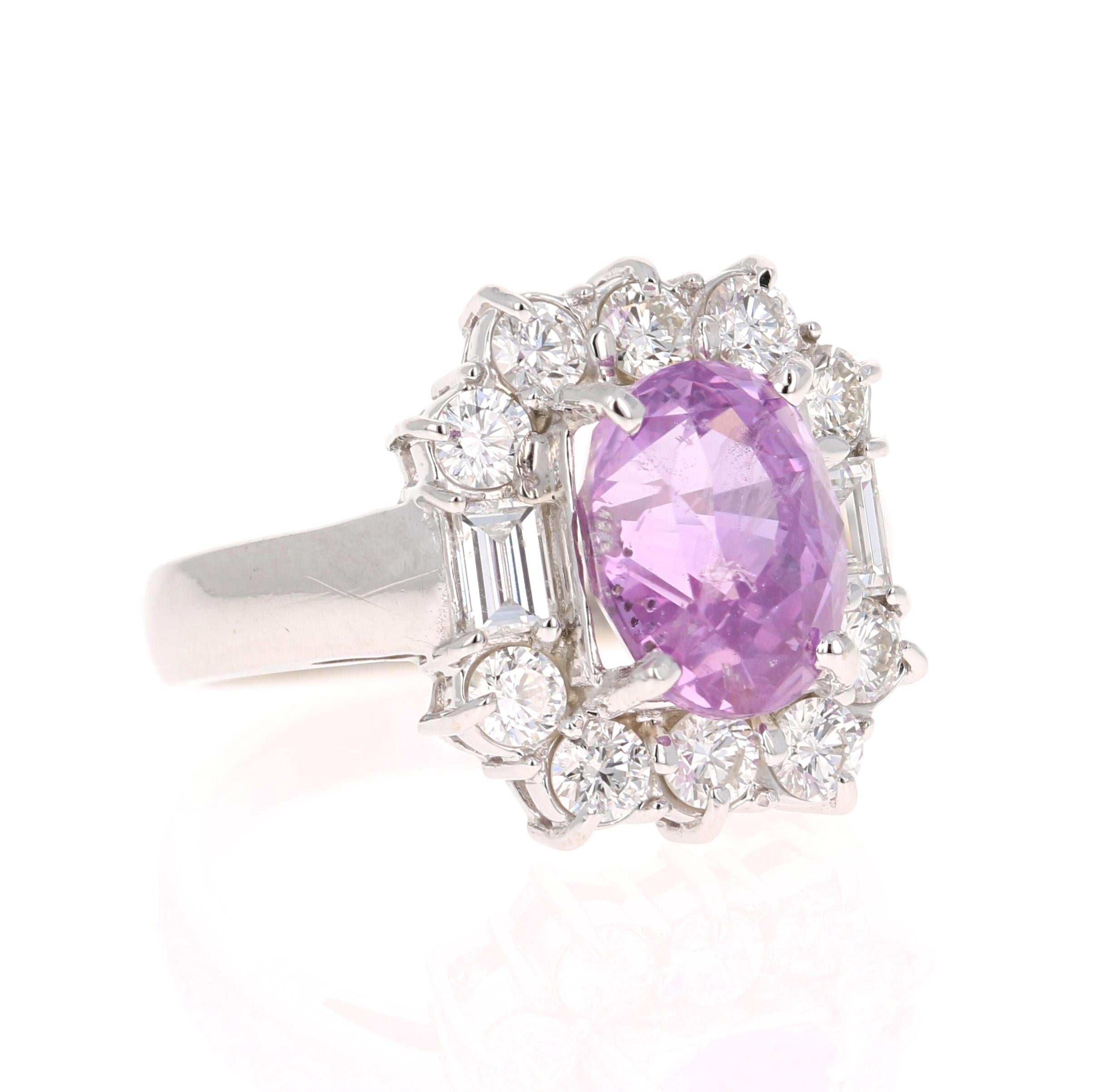 This beautiful ring has a Oval Cut Pink Sapphire that weighs 3.61 Carat. The Pink Sapphire has a beautiful vivid pink color that is rare and valued. The Pink Sapphire has no indications of Heat and is GIA Certified. The Certificate number is:
