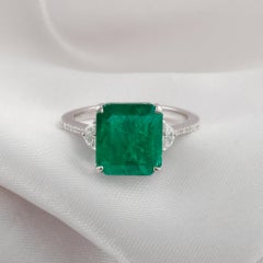4.61 Ct Zambian Emerald May Birthstone Diamond Engagement Ring 18K White Gold