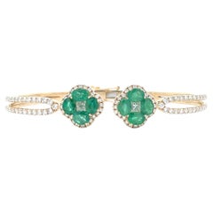 4.61ctw Emerald & Diamond Clover 14k Solid Gold Open Cuff Bangle