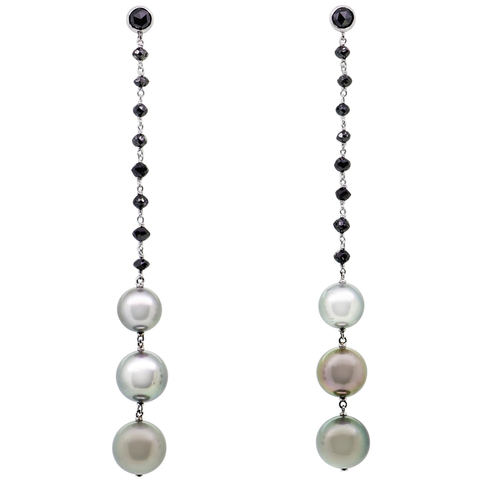 46.10 Carat Tahity Pearls with Black Diamond Beads Dangle Earrings For Sale