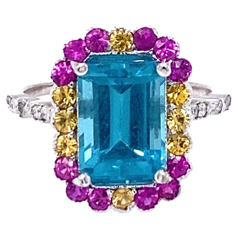 4.62 Carat Apatite Sapphire Diamond White Gold Cocktail Ring For Sale