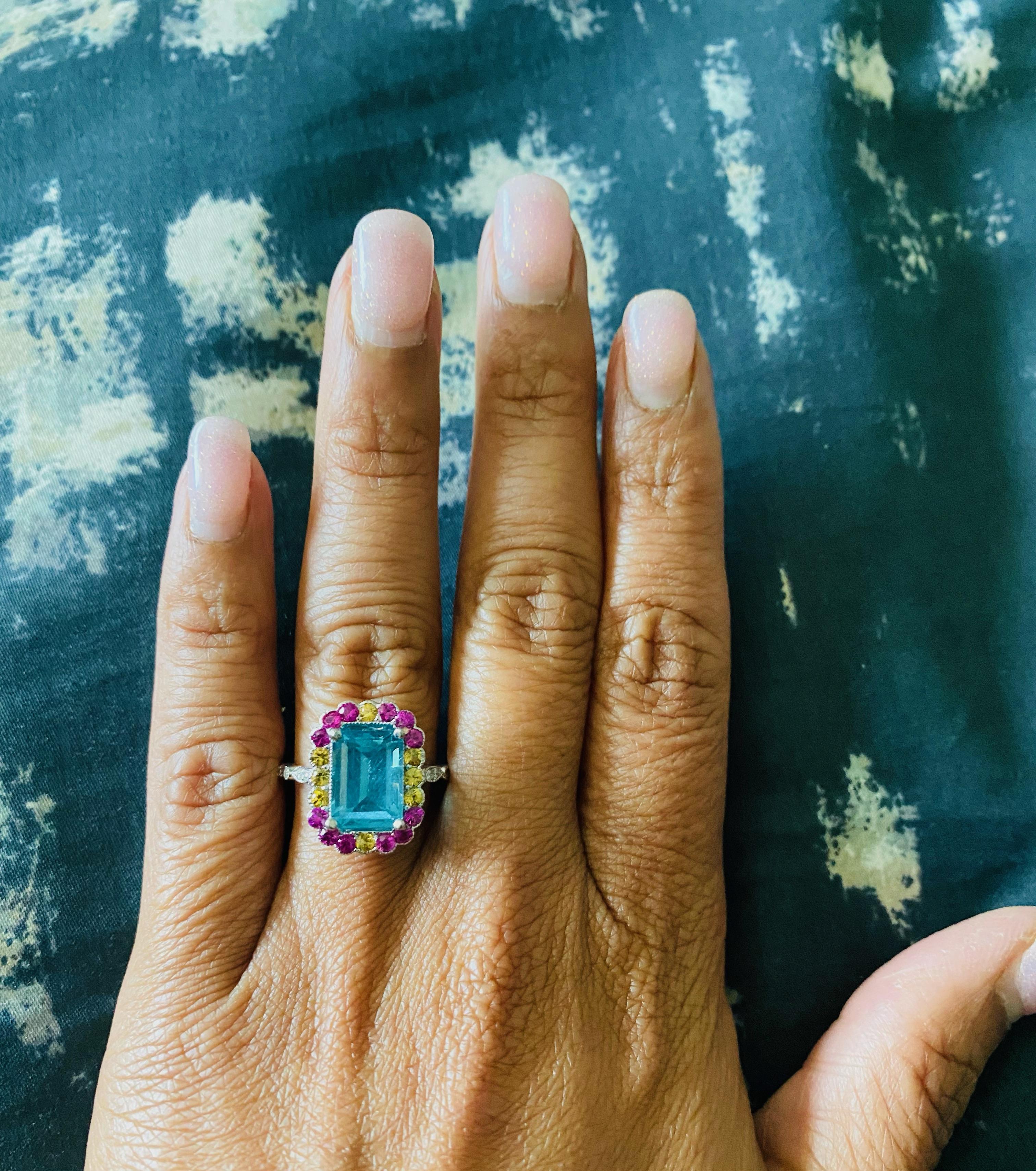 Emerald Cut 4.62 Carat Apatite Sapphire Diamond White Gold Cocktail Ring For Sale