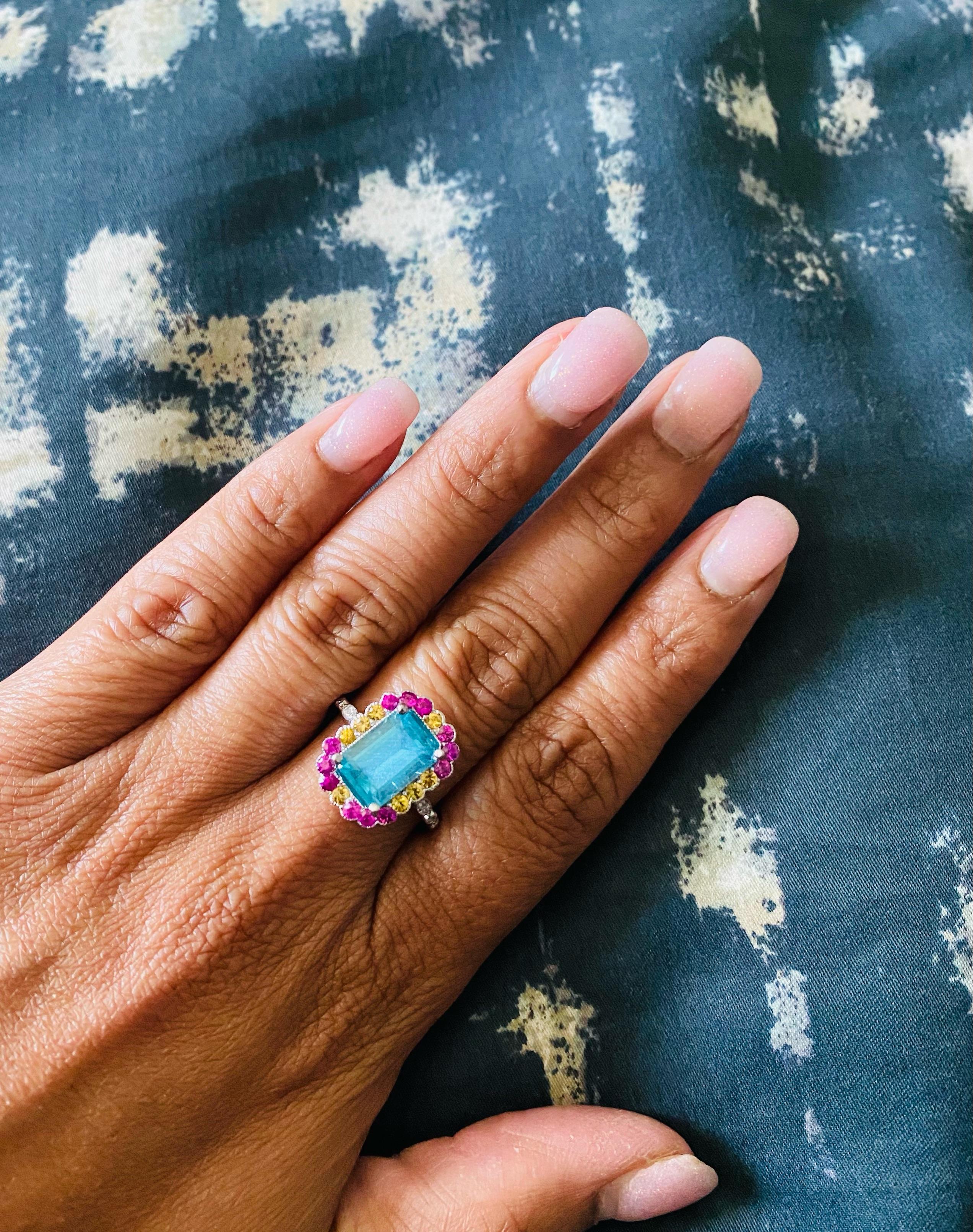 4.62 Carat Apatite Sapphire Diamond White Gold Cocktail Ring In New Condition For Sale In Los Angeles, CA