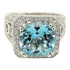 4.62 Carat Cushion Aquamarine and Diamond Ring