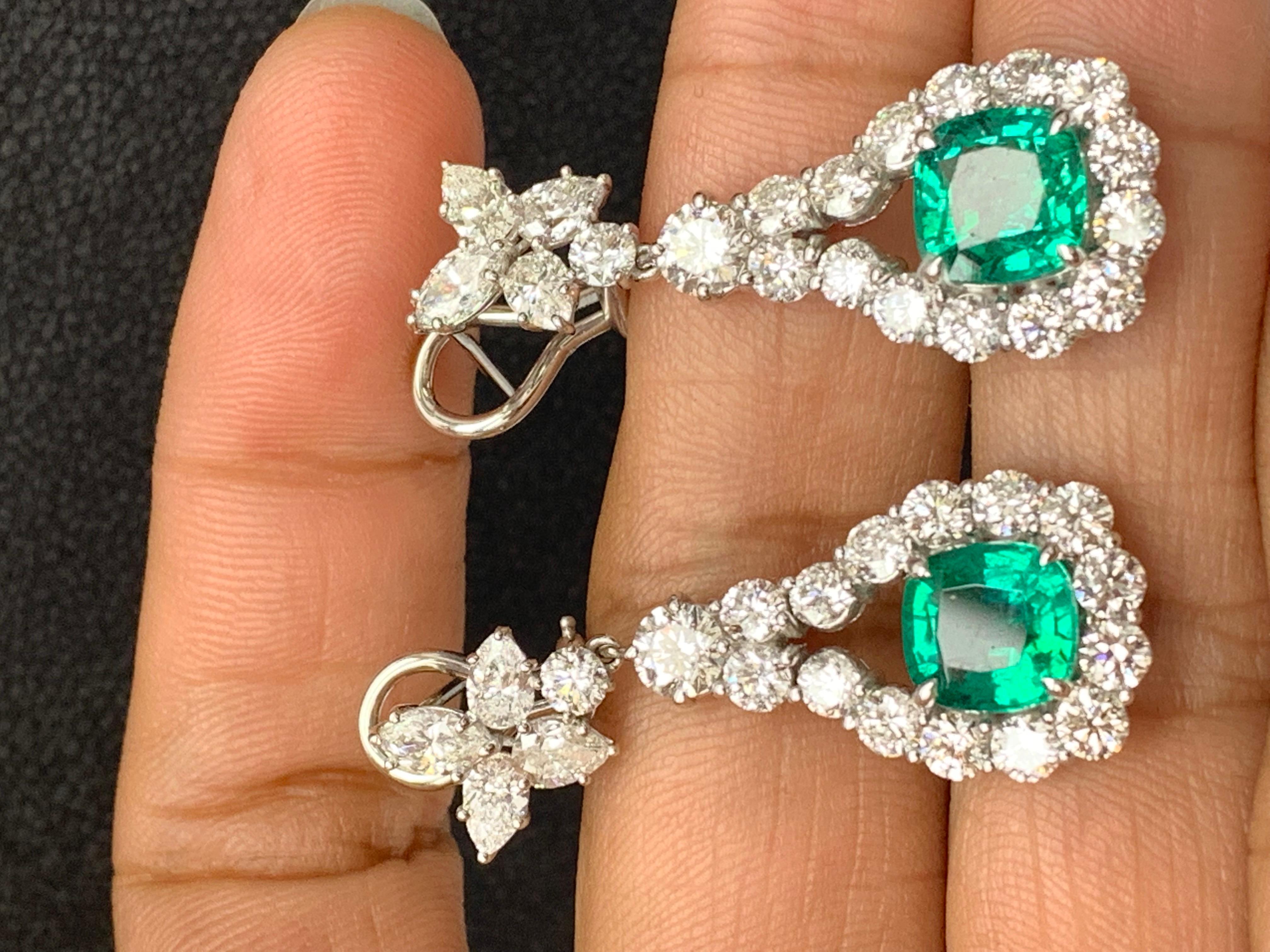 4.62 Carat Cushion Cut Emerald and Diamond Drop Earrings in 18K White Gold For Sale 8