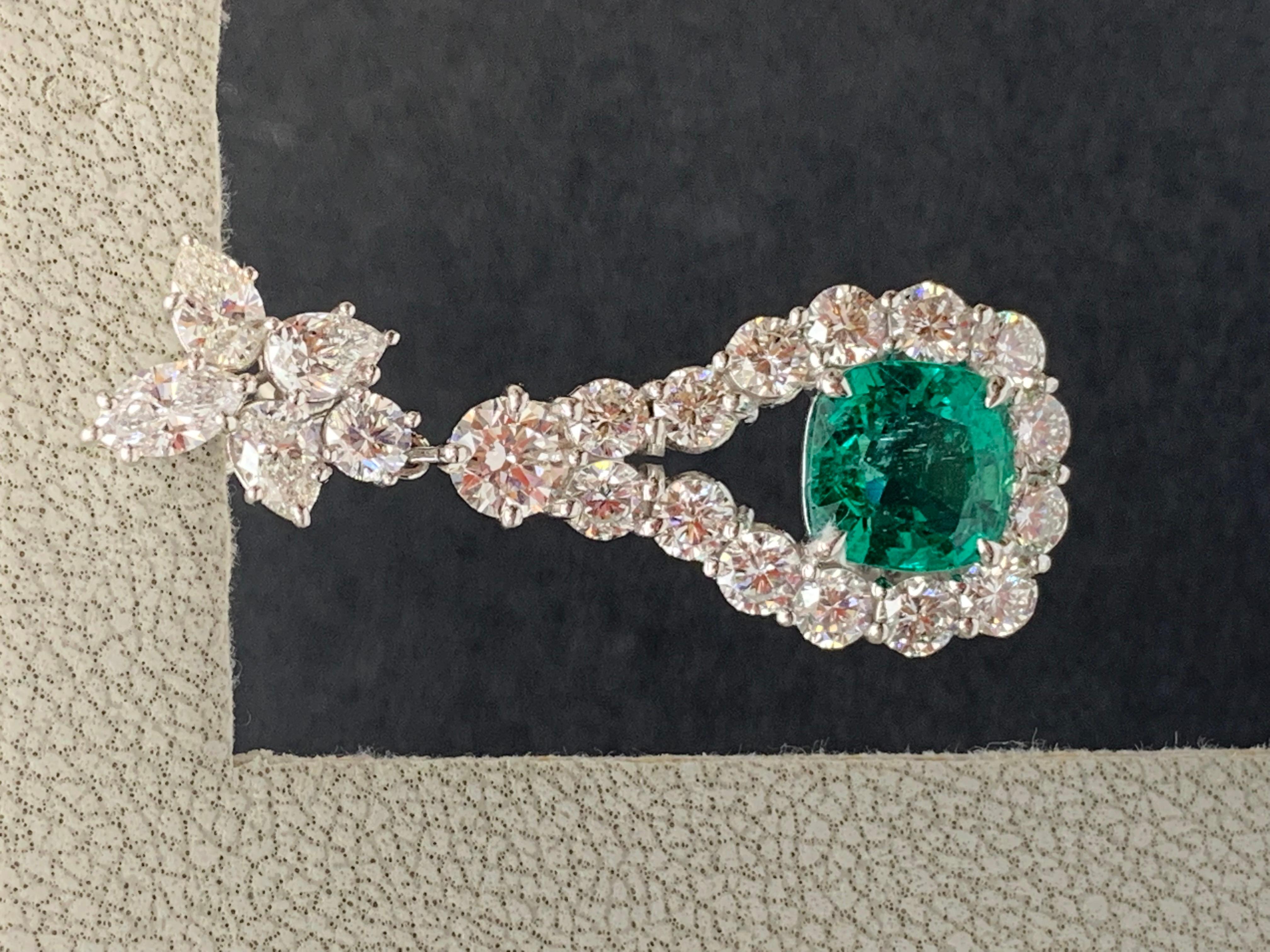 Women's 4.62 Carat Cushion Cut Emerald and Diamond Drop Earrings in 18K White Gold For Sale