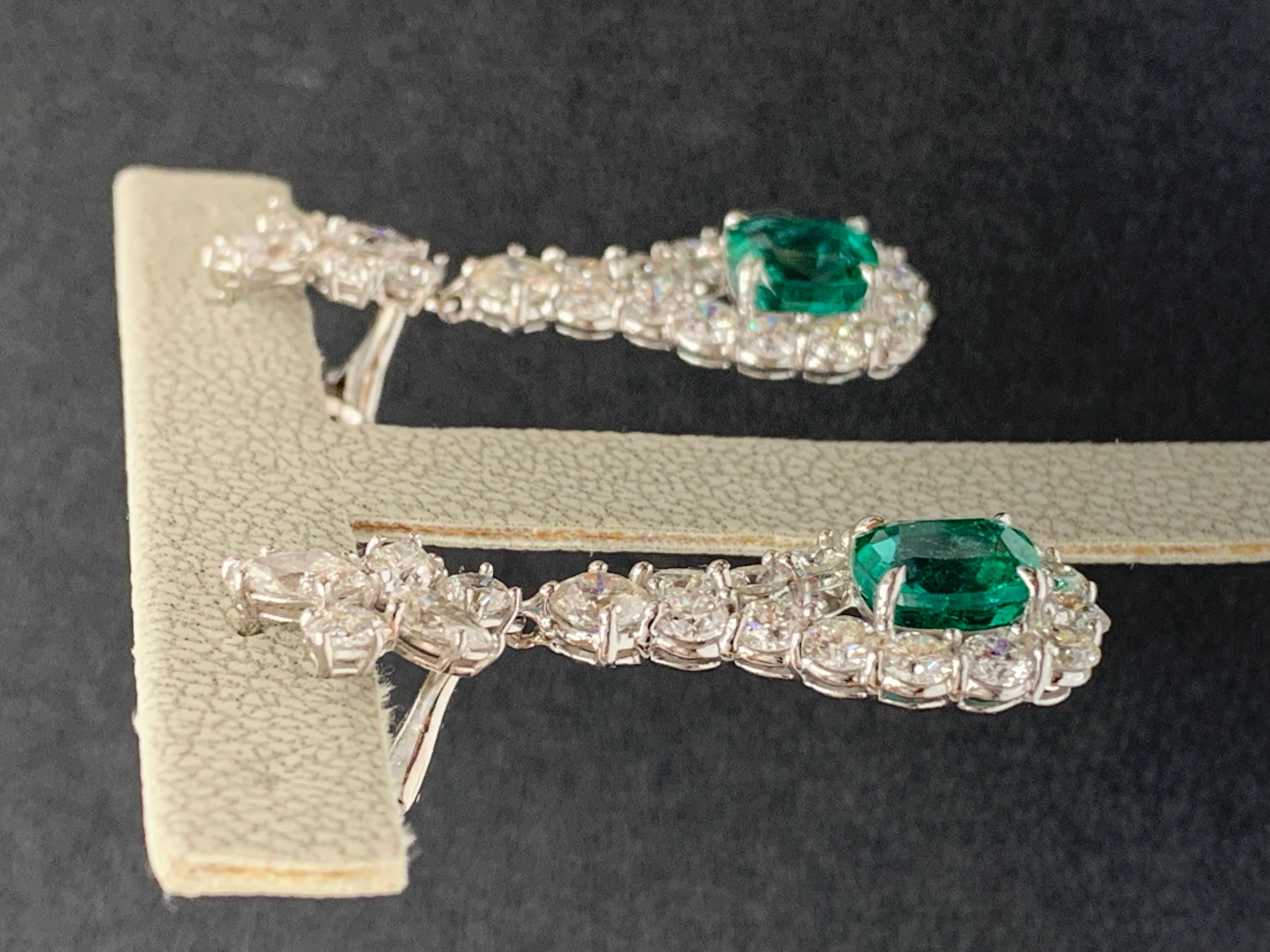 4.62 Carat Cushion Cut Emerald and Diamond Drop Earrings in 18K White Gold For Sale 1