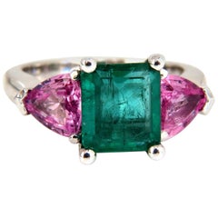 4.62 Carat Natural Emerald Pink Sapphire Ring Three-Stone Classic Three 14 Karat