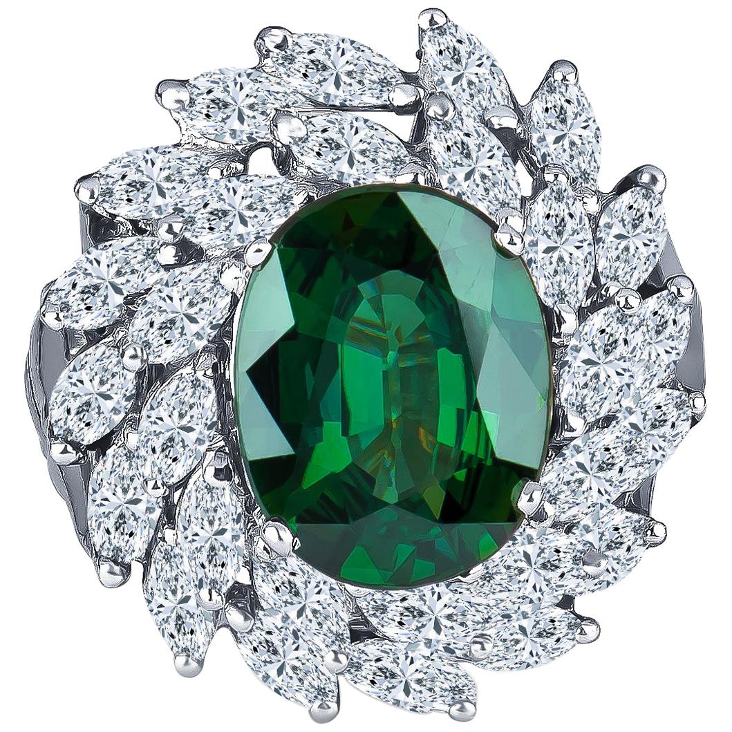4.62 Carat Natural Green Sapphire with 2.75 Total Marquise Diamond Weight Ring