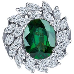 4.62 Carat Natural Green Sapphire with 2.75 Total Marquise Diamond Weight Ring