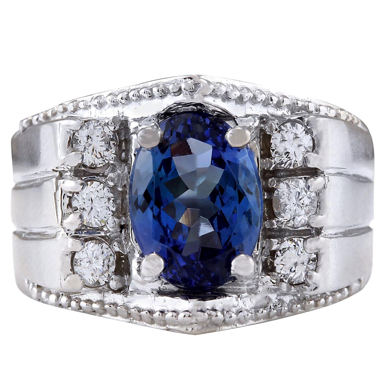 Man's Natural Tanzanite Diamond Ring In 14 Karat White Gold 