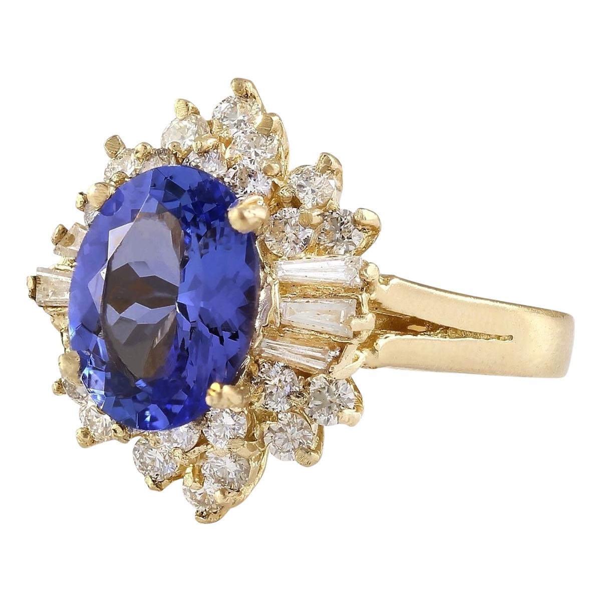 4.62 Carat Natural Tanzanite 14 Karat Yellow Gold Diamond Ring
Stamped: 14K Yellow Gold
Total Ring Weight: 7.1 Grams
Total Natural Tanzanite Weight is 3.07 Carat (Measures: 11.00x9.00 mm)
Color: Blue
Total Natural Diamond Weight is 1.55