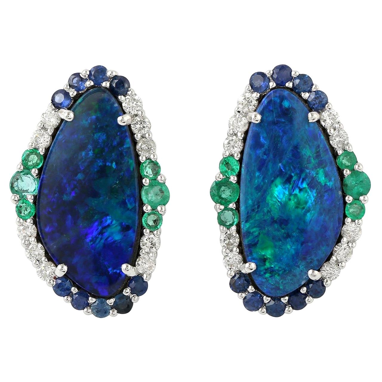 4.62 Carat Opal Emerald Diamond 18 Karat Gold Stud Earrings