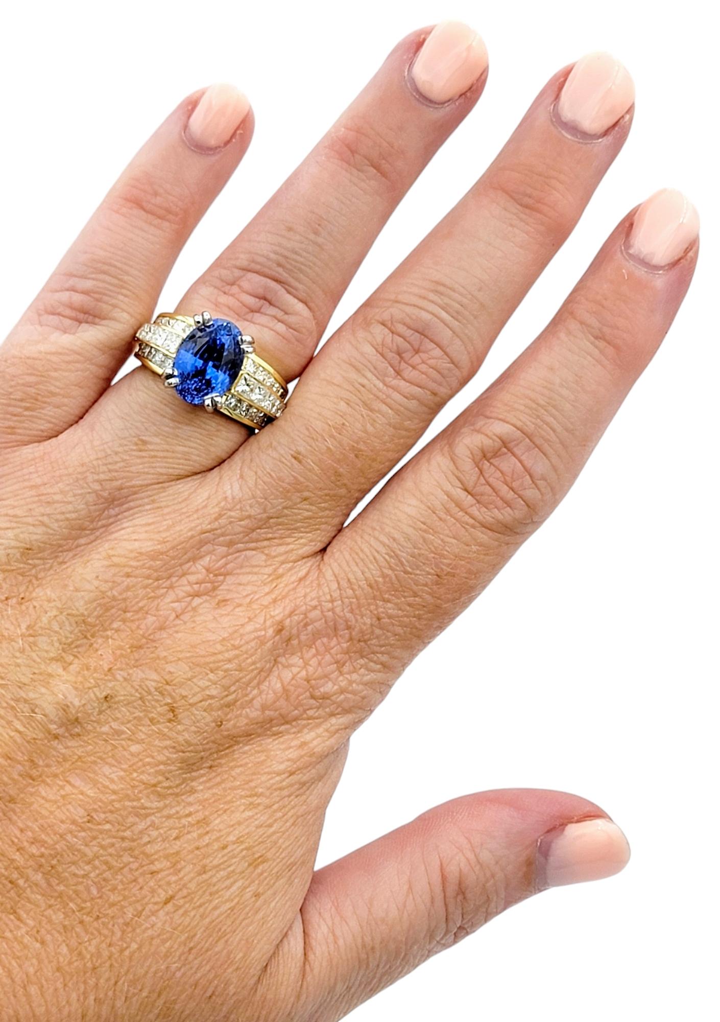 4.62 Carat Oval Blue Tanzanite and Multi Row Diamond Ring in Platinum and Gold For Sale 4