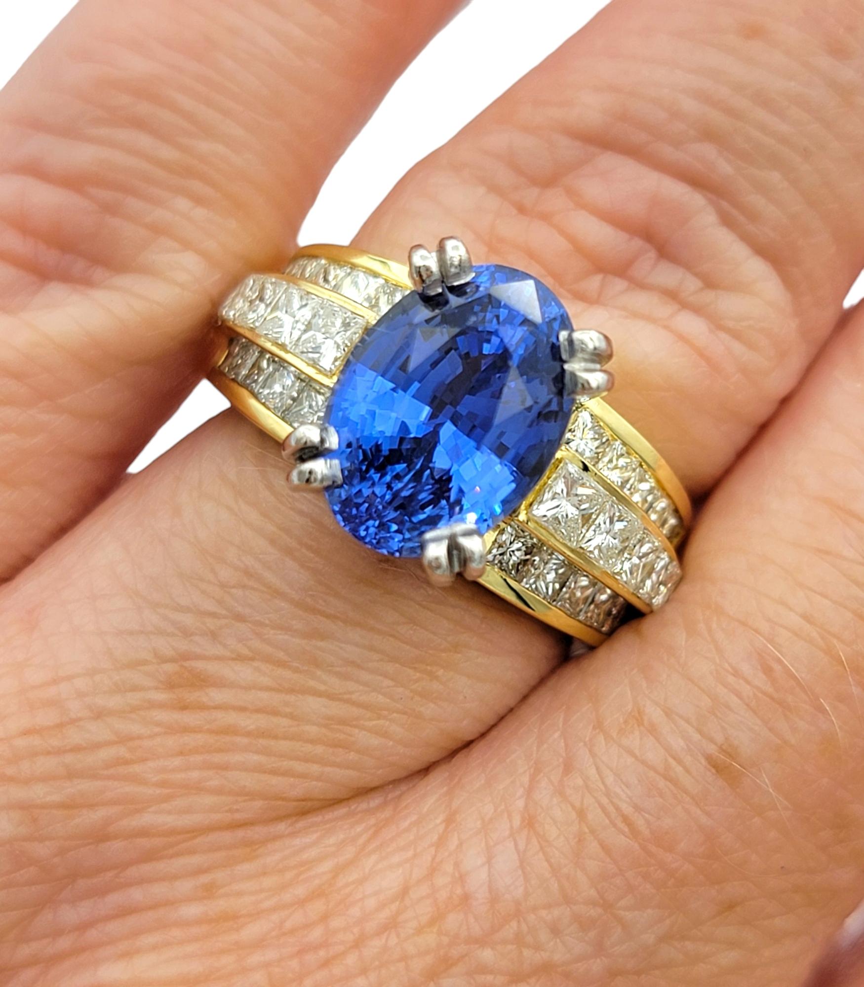 4.62 Carat Oval Blue Tanzanite and Multi Row Diamond Ring in Platinum and Gold For Sale 5
