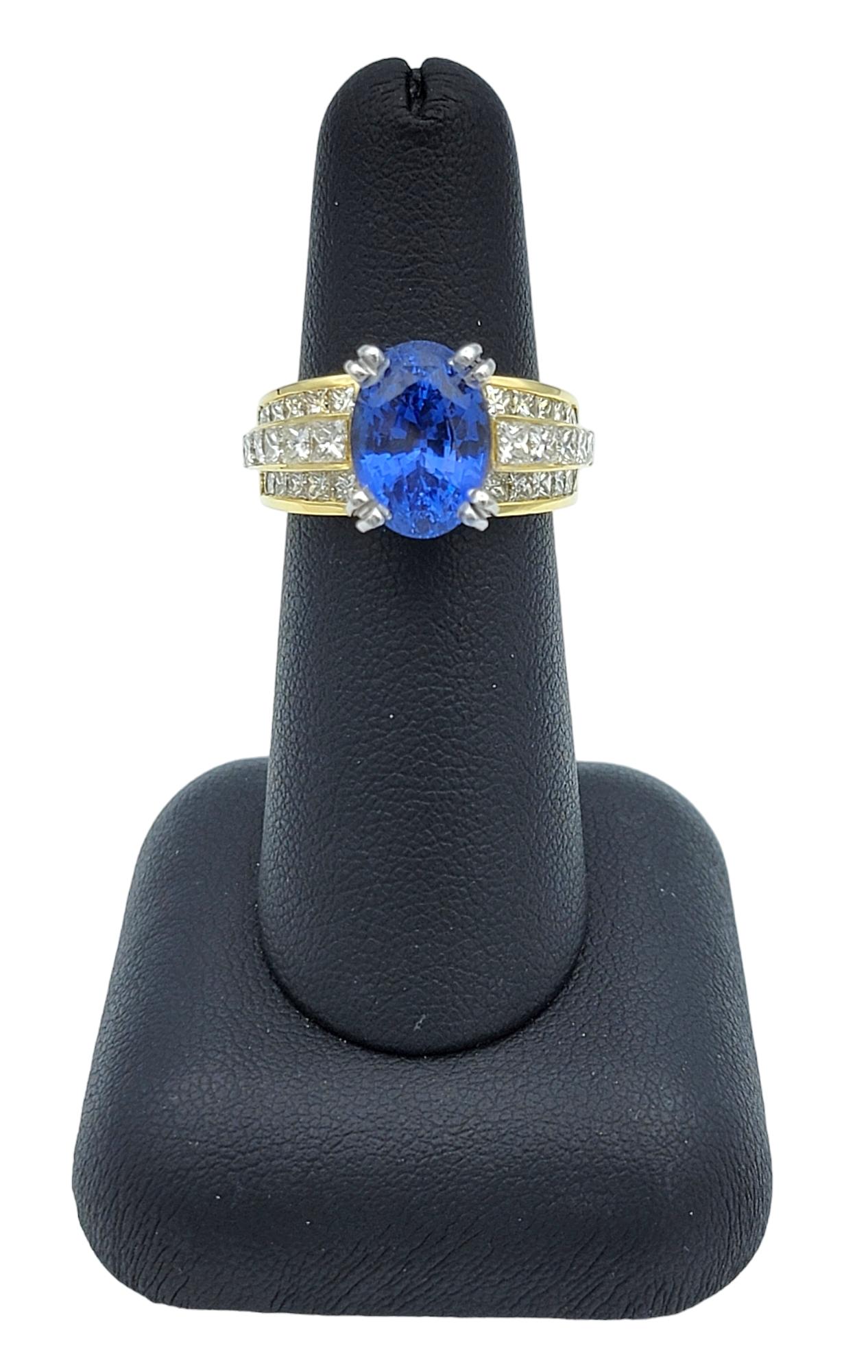 4.62 Carat Oval Blue Tanzanite and Multi Row Diamond Ring in Platinum and Gold For Sale 6