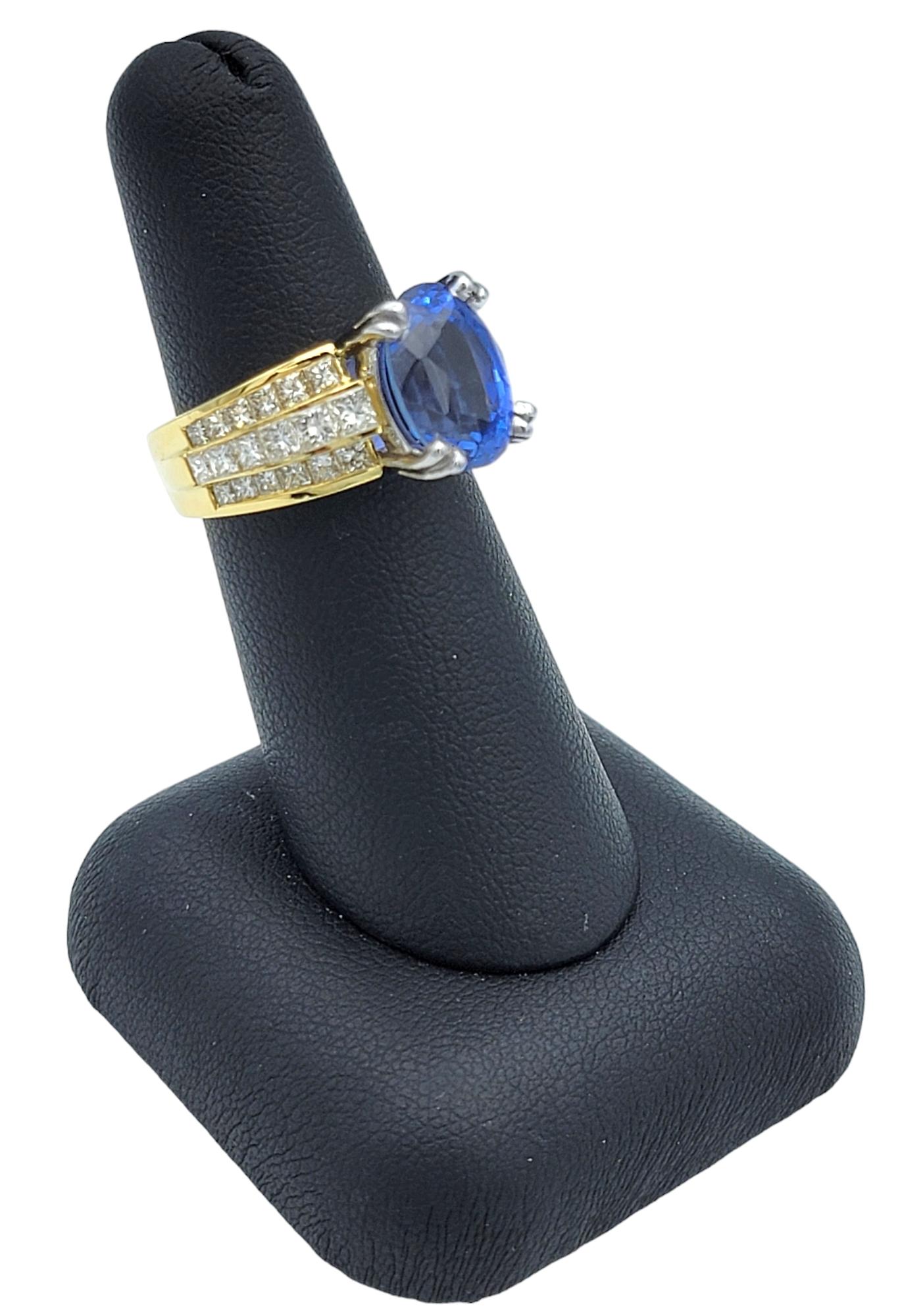 4.62 Carat Oval Blue Tanzanite and Multi Row Diamond Ring in Platinum and Gold For Sale 7