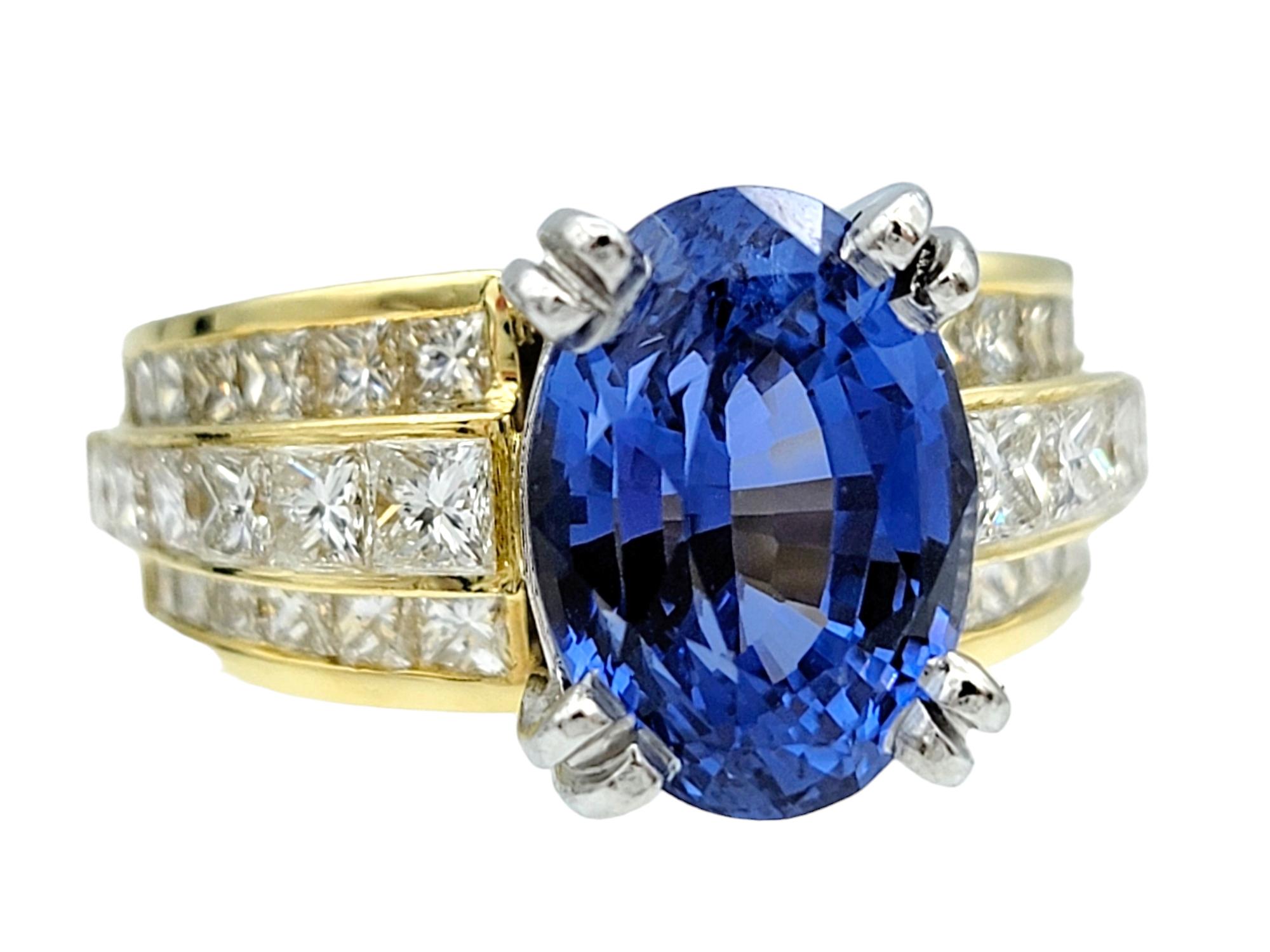 Contemporary 4.62 Carat Oval Blue Tanzanite and Multi Row Diamond Ring in Platinum and Gold For Sale