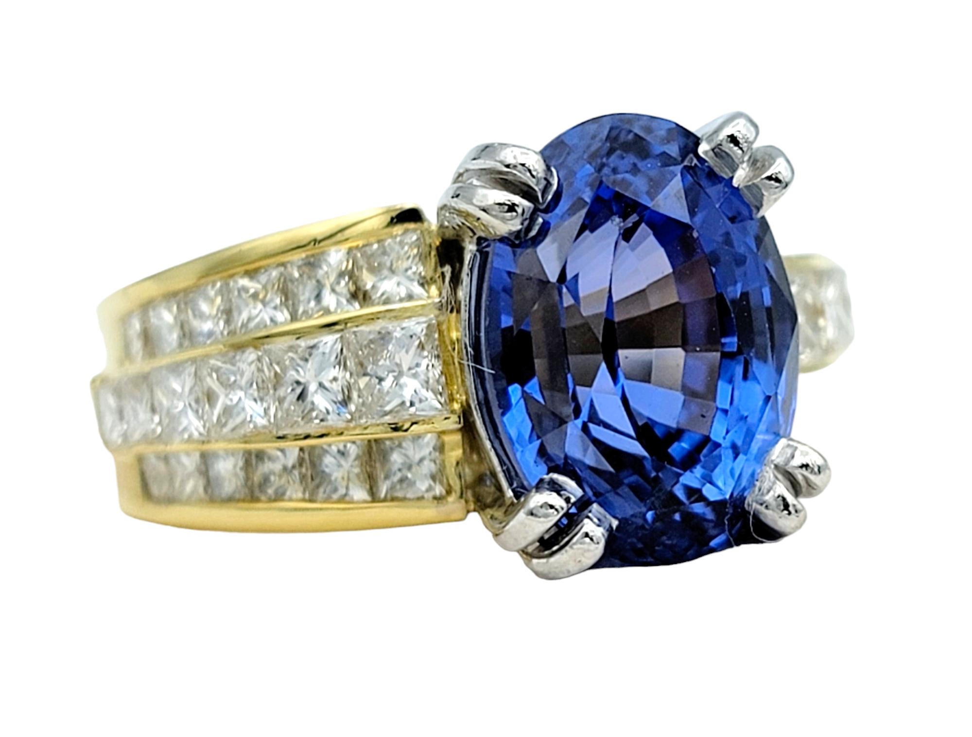 Oval Cut 4.62 Carat Oval Blue Tanzanite and Multi Row Diamond Ring in Platinum and Gold For Sale
