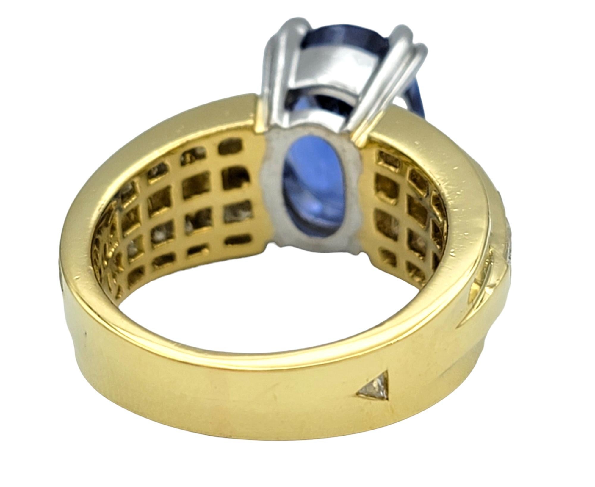 Women's 4.62 Carat Oval Blue Tanzanite and Multi Row Diamond Ring in Platinum and Gold For Sale