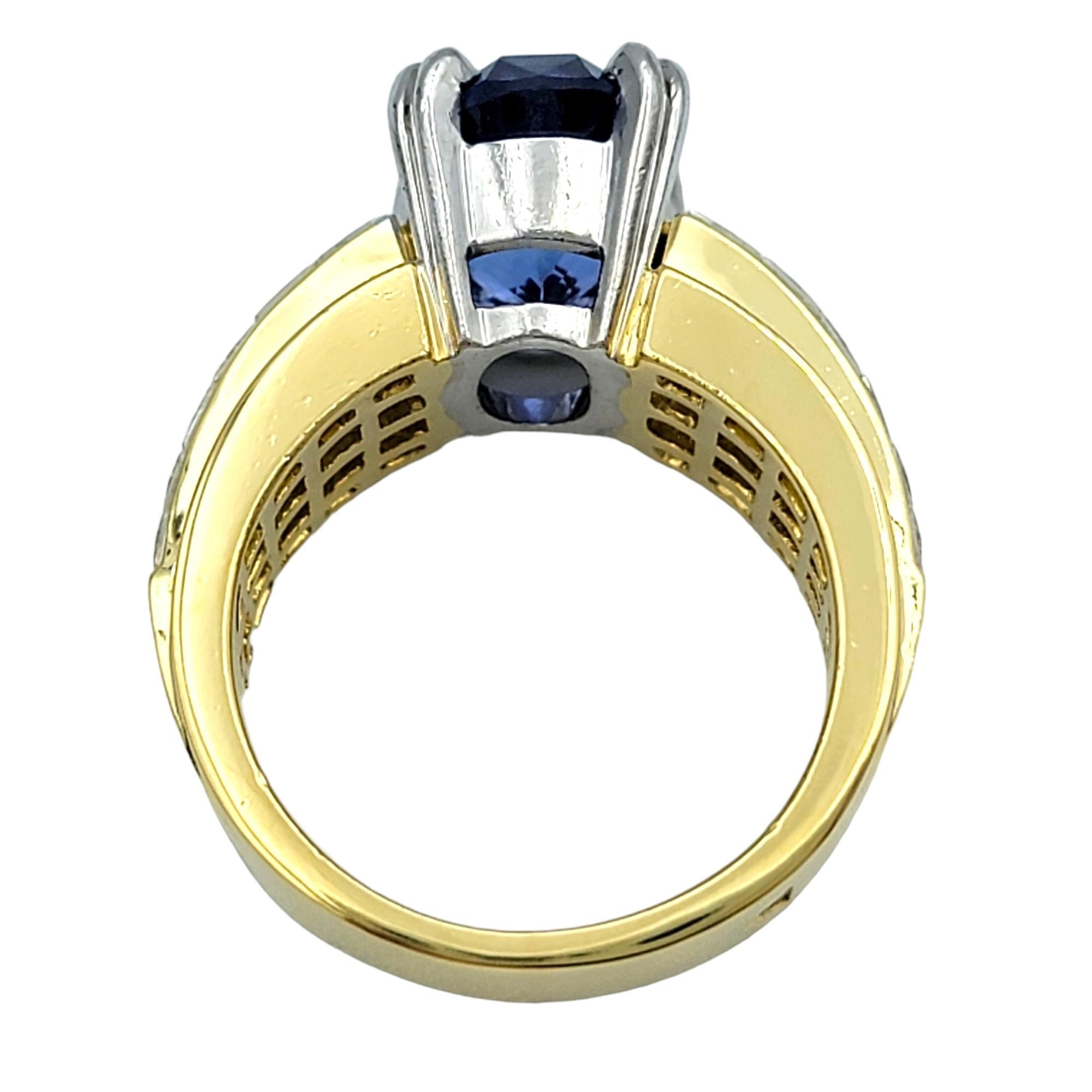 4.62 Carat Oval Blue Tanzanite and Multi Row Diamond Ring in Platinum and Gold For Sale 1