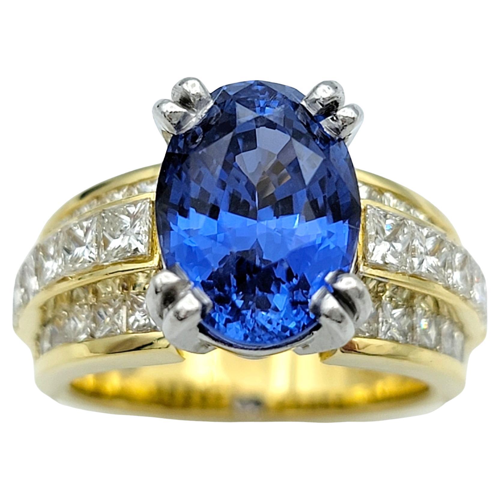 4.62 Carat Oval Blue Tanzanite and Multi Row Diamond Ring in Platinum and Gold For Sale
