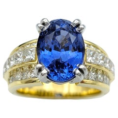4.62 Carat Oval Blue Tanzanite and Multi Row Diamond Ring in Platinum and Gold