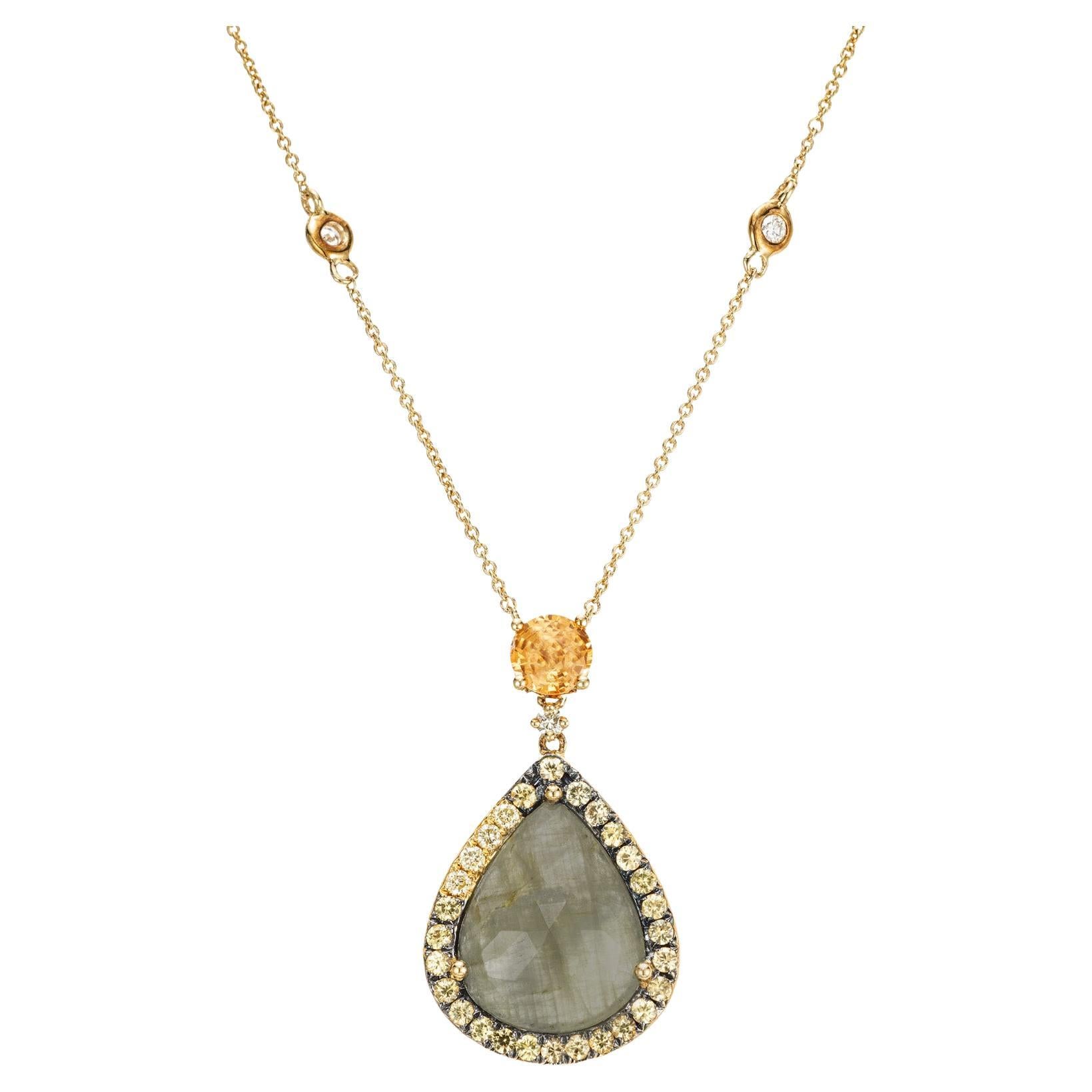 4.62 Carat Pear Shaped Grey Sapphire Diamond Gold Pendant Necklace For Sale