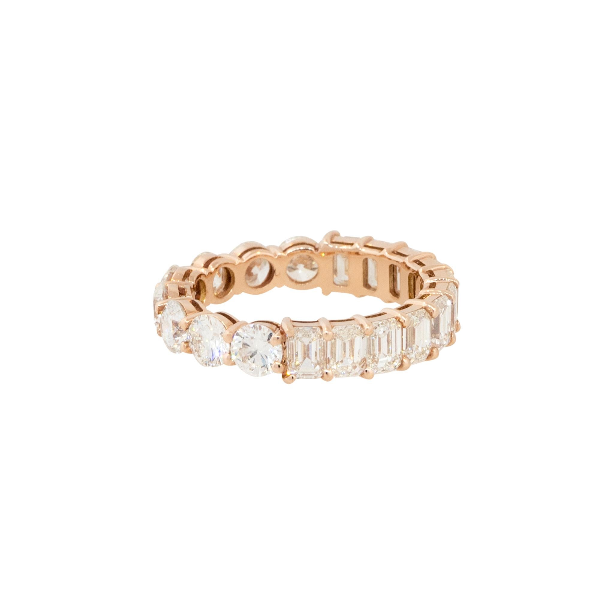 14k Rose Gold 4.62ctw Round and Emerald Cut Diamond Eternity Band Ring

Material: 14k Rose Gold
Diamond Details: Approx. 4.62ctw of Round and Emerald Cut Diamonds. There are 16 Diamonds total. Diamonds are approx. G/H in color and VS/SI in