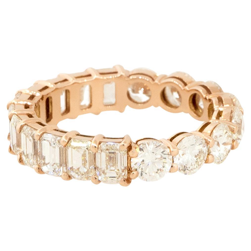 4.62 Carat Round and Emerald Cut Diamond Eternity Band Ring 14 Karat in Stock For Sale