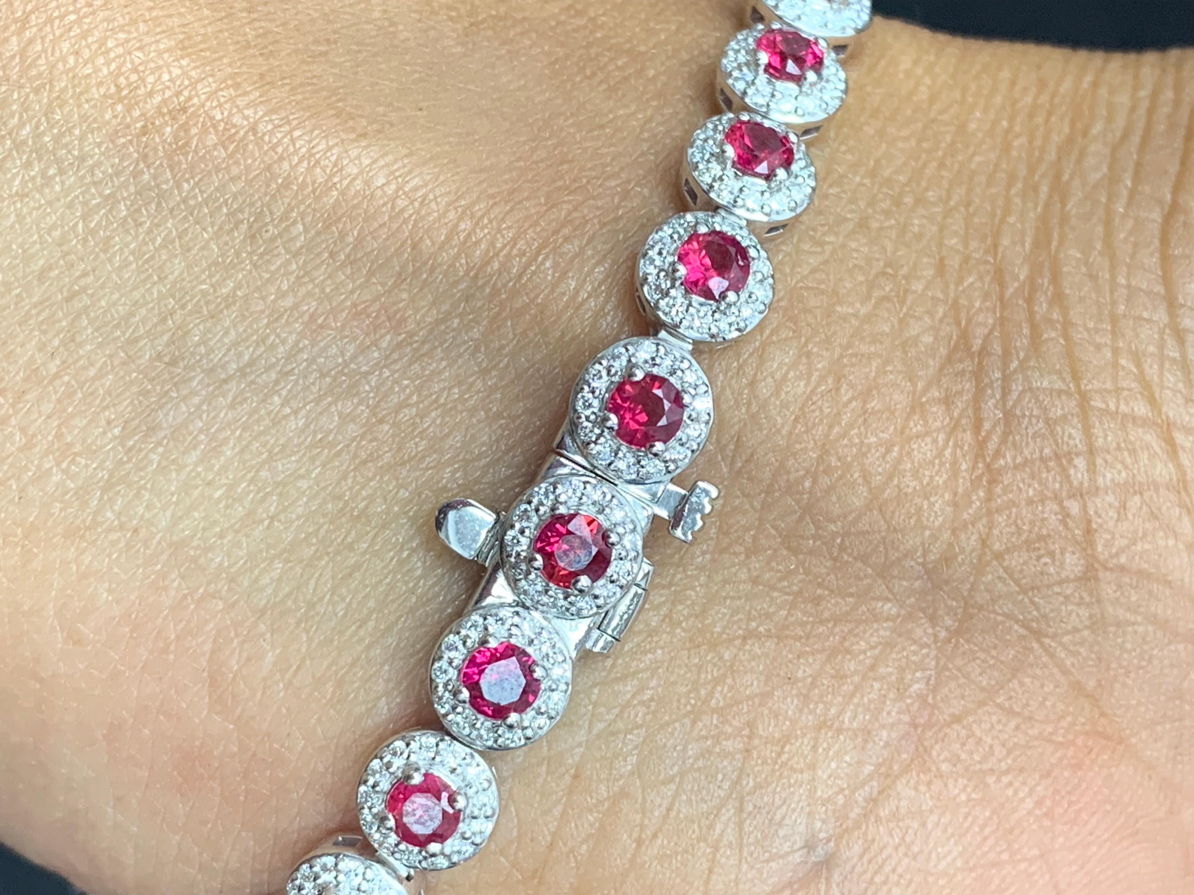 4.62 Carat Round Cut Ruby and Diamond Tennis Bracelet in 14K White Gold For Sale 4