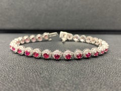 Bracelet tennis en or blanc 14 carats avec rubis et diamants de taille ronde de 4,62 carats