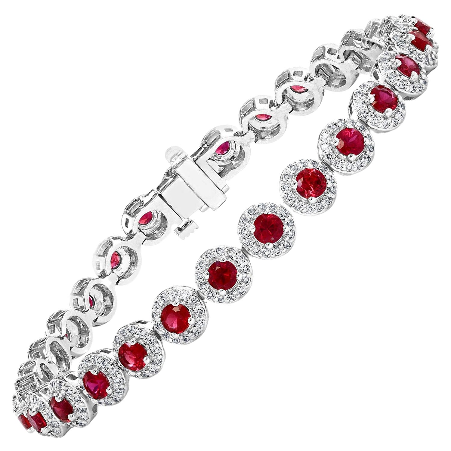 Bracelet tennis en or blanc 14 carats avec rubis et diamants de taille ronde de 4,62 carats