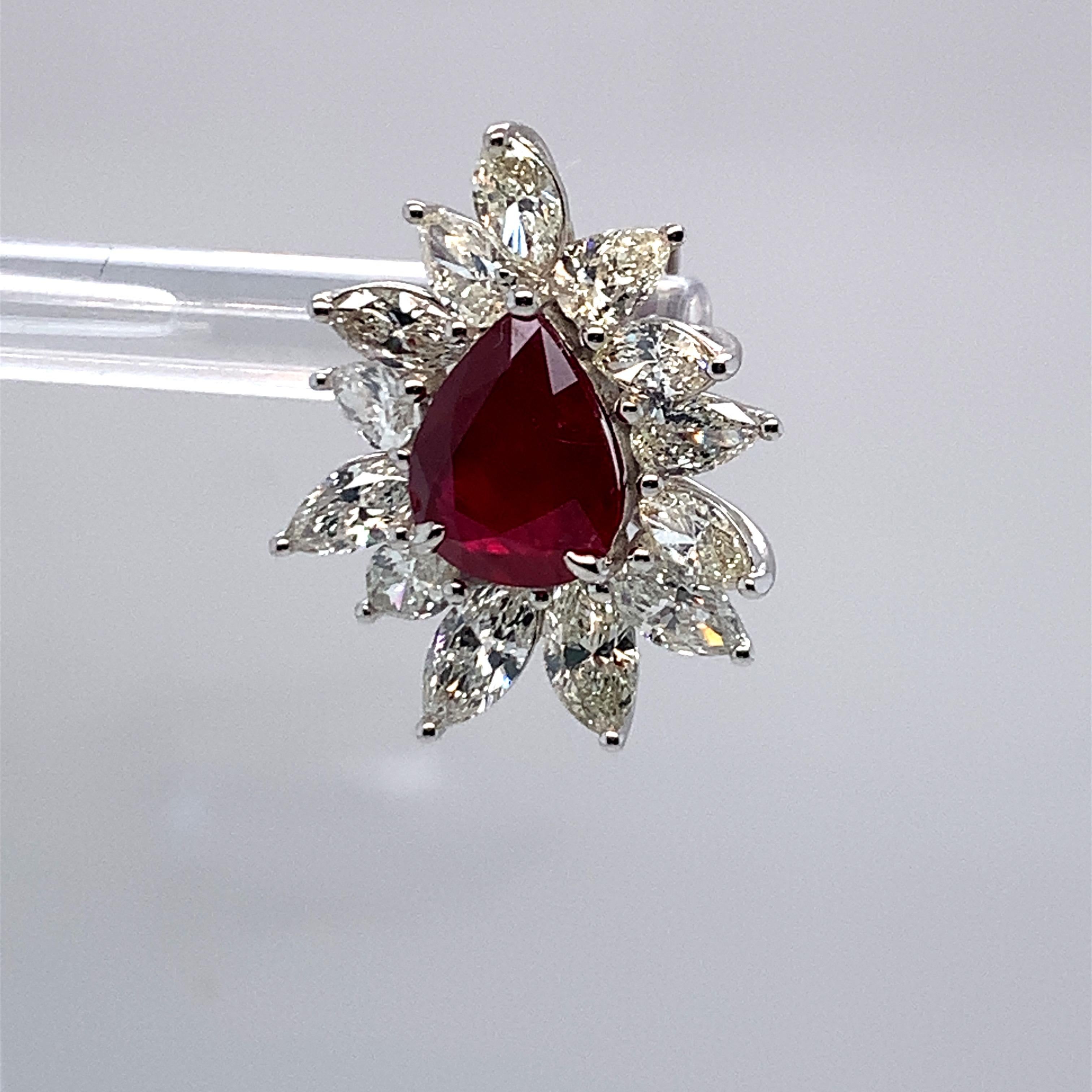This magnificent stud earrings has pear shaped ruby in center which is framed by white diamonds. Combination of pigeon blood ruby and white diamonds set in white gold makes it a stunning piece. Carefully finished with hand by skilled artisans.
Ruby: