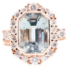 4.62 Carat Teal Emerald Cut Tourmaline Diamond Halo Cluster Ring 18 Carat Gold