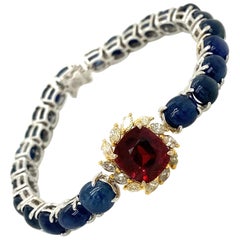 4.62 Carat Unheated Burmese Red Spinel, Sapphire Cabochon, and Diamond Bracelet