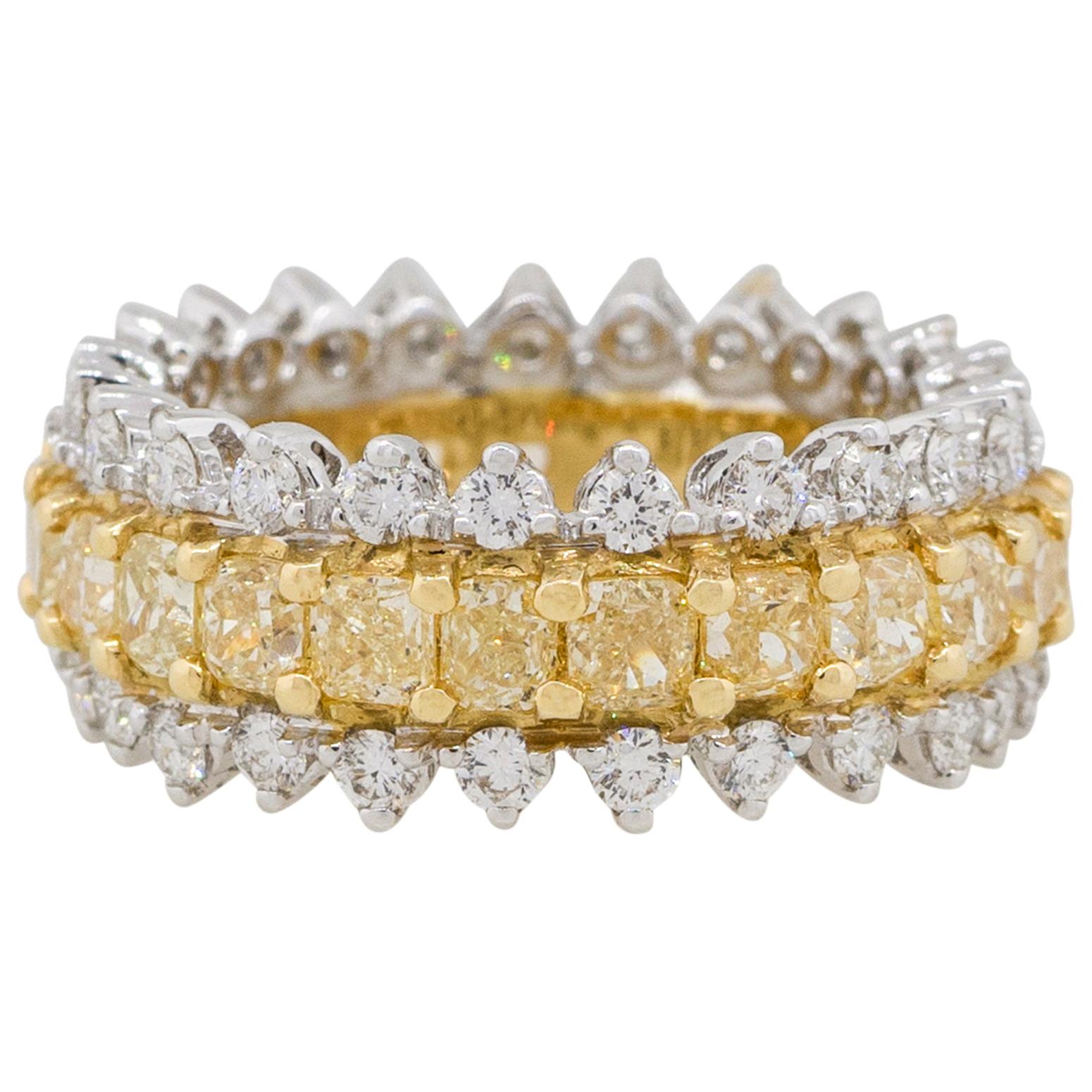 4.62 Carat White and Yellow Diamond Three-Row Ring 18 Karat in Stock For Sale