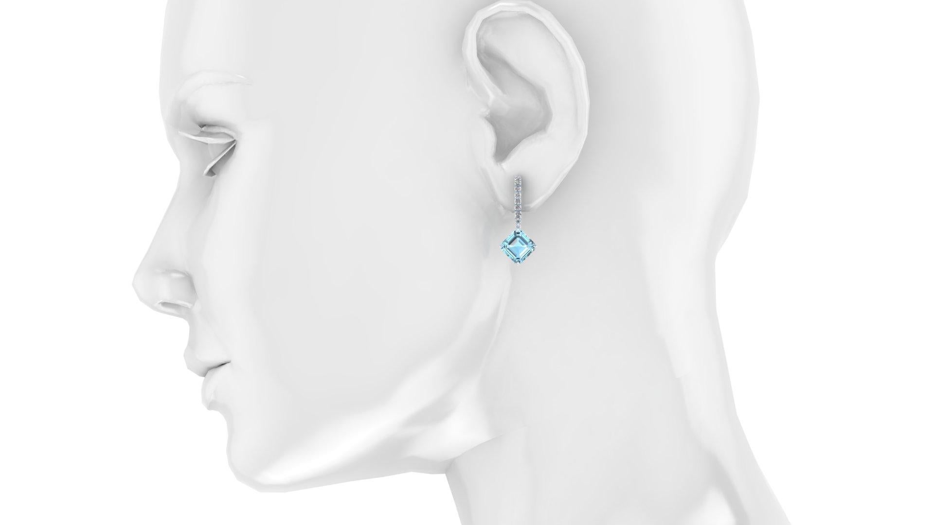 4.62 Carats Ascher cut Aquamarine and Diamonds Platinum Earrings, diamonds brilliant cut for an approximate total carat weight of 0.28ct of G/H color, VS clarity, set in Platinum 950 drop dangling earrings
Push back self locking.   Complimentary