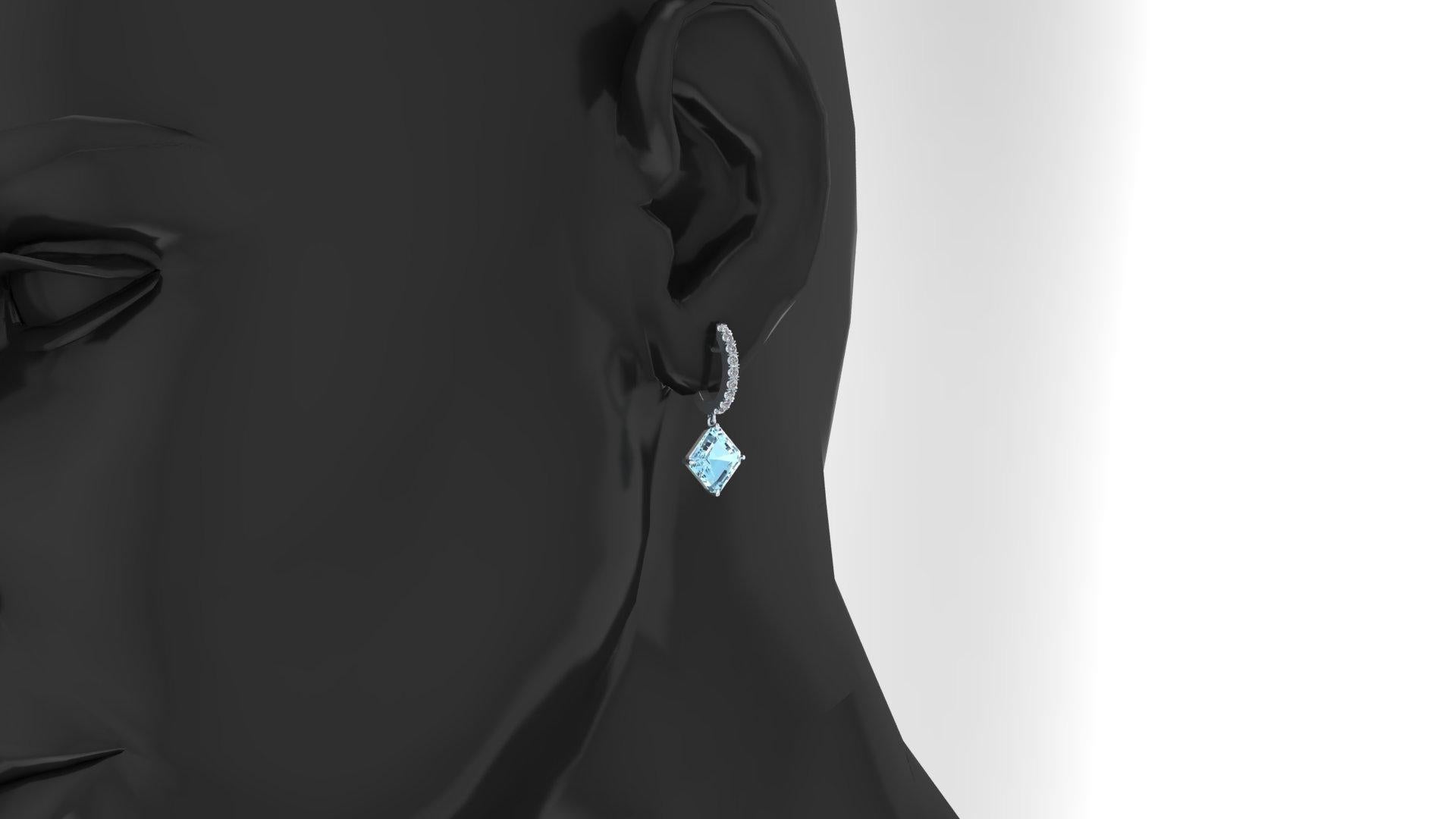 Art Nouveau 4.62 Carats Ascher cut Aquamarine and Diamonds Platinum Earrings For Sale