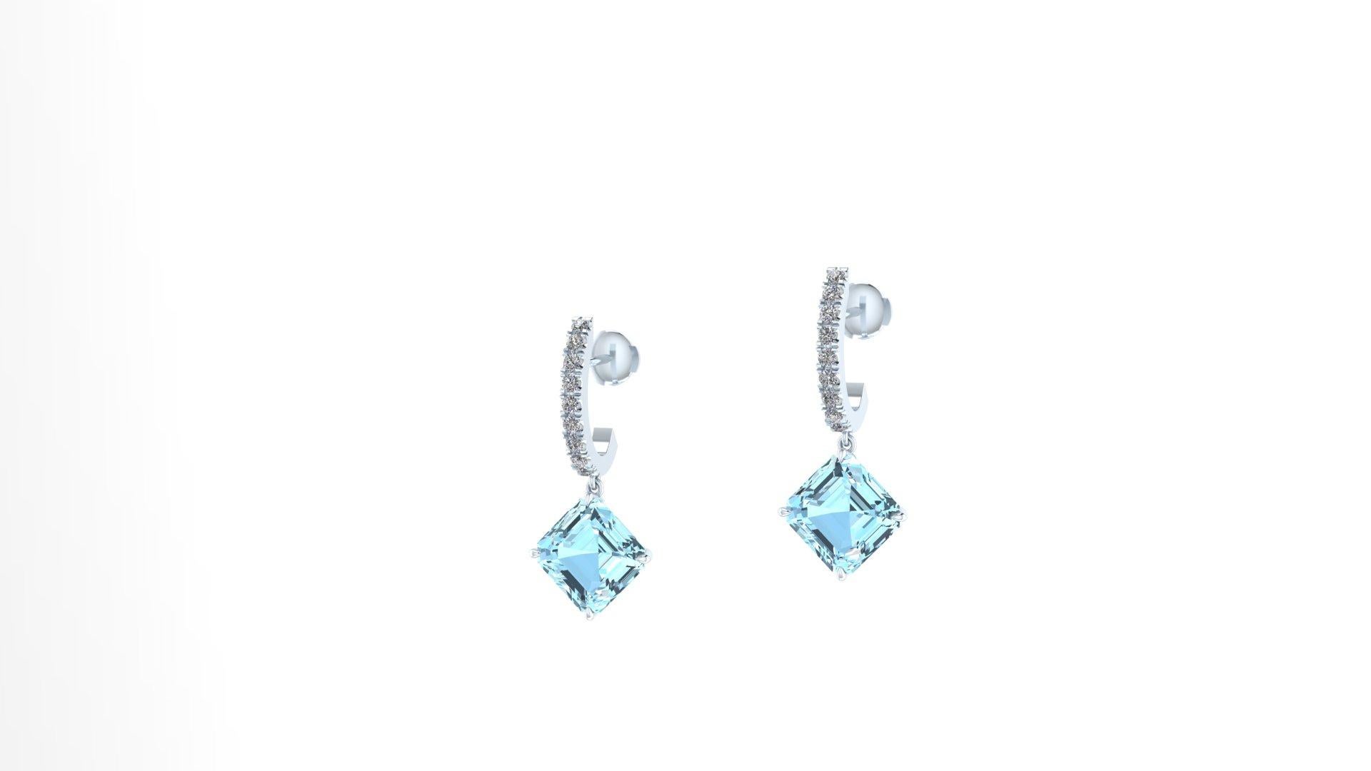 Pear Cut 4.62 Carats Ascher cut Aquamarine and Diamonds Platinum Earrings For Sale