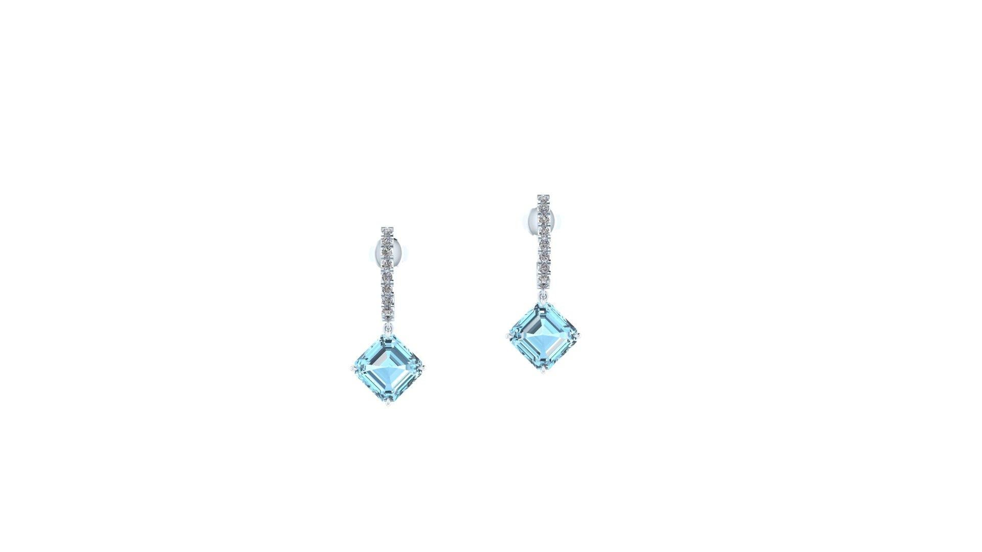 4.62 Carats Ascher cut Aquamarine and Diamonds Platinum Earrings In New Condition For Sale In New York, NY