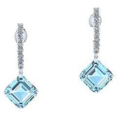 4.62 Carats Ascher cut Aquamarine and Diamonds Platinum Earrings