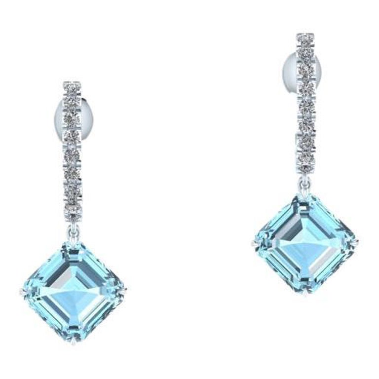 4.62 Carats Ascher cut Aquamarine and Diamonds Platinum Earrings For Sale