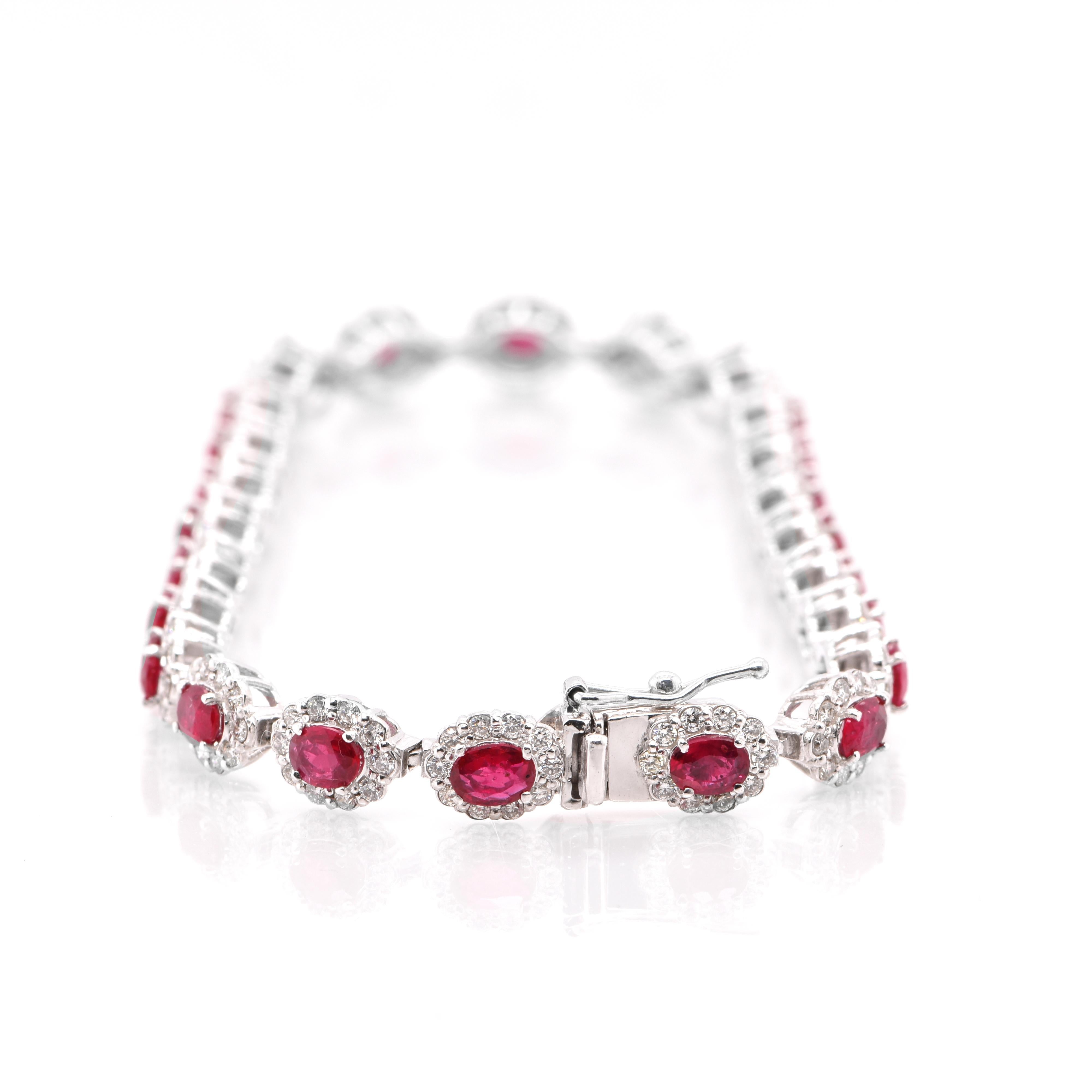 Oval Cut 4.62 Carats, Natural Rubies and Diamond Tennis Bracelet Set in Platinum