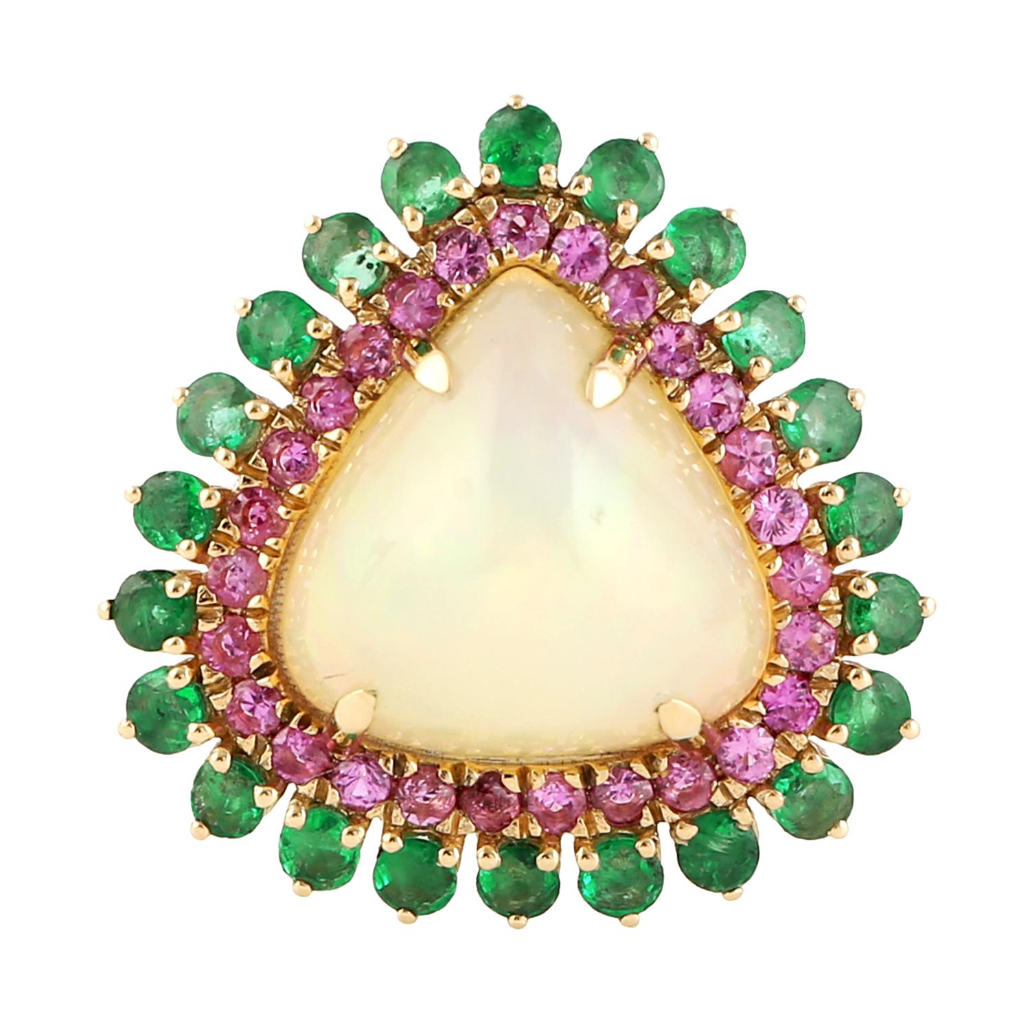 Mixed Cut 4.62 Carats Opal Emerald Pink Sapphire Diamond 18 Karat Gold Oval Ring For Sale