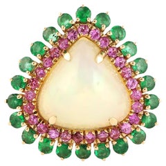 Bague ovale en or 18 carats avec opale, émeraude, saphirs roses et diamants de 4,62 carats