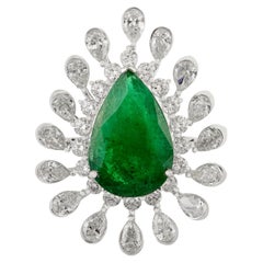 4.62Ct Pear Cut Emerald & 2.64Ct Diamond Halo Cocktail Ring in 18k White Gold
